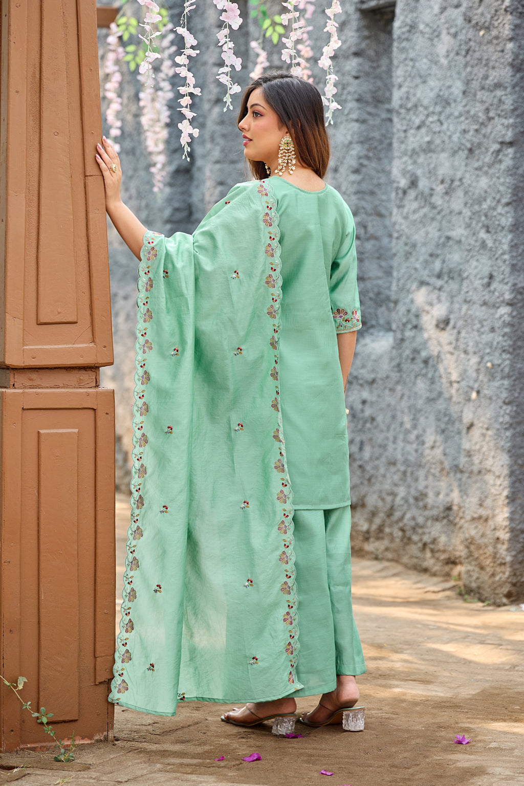 Mayura | Roman Silk Peacock Embroidered Kurta Palazzo Set with Dupatta
