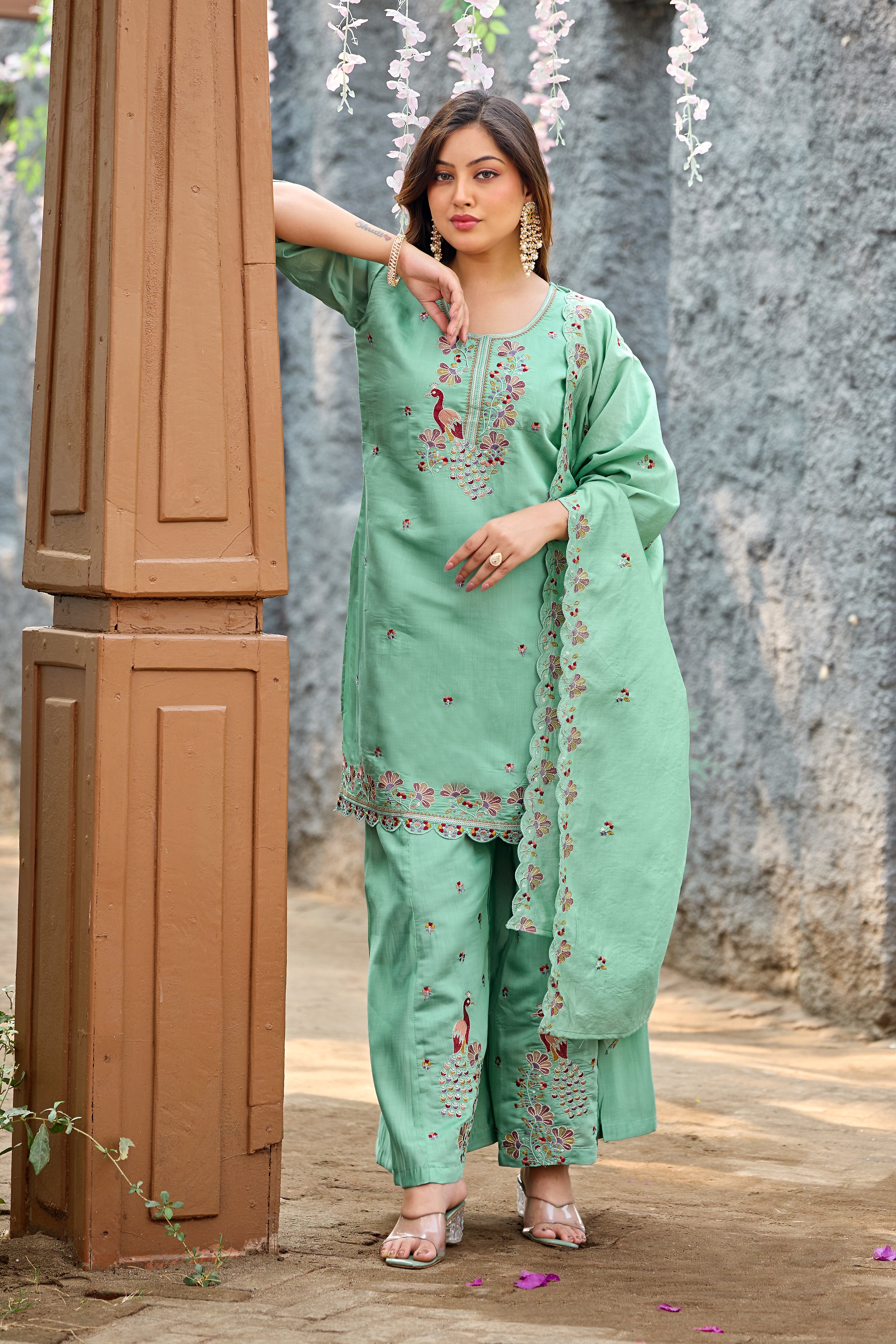 Mayura | Roman Silk Peacock Embroidered Kurta Palazzo Set with Dupatta