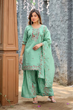 Mayura | Roman Silk Peacock Embroidered Kurta Palazzo Set with Dupatta