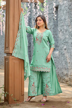Mayura | Roman Silk Peacock Embroidered Kurta Palazzo Set with Dupatta