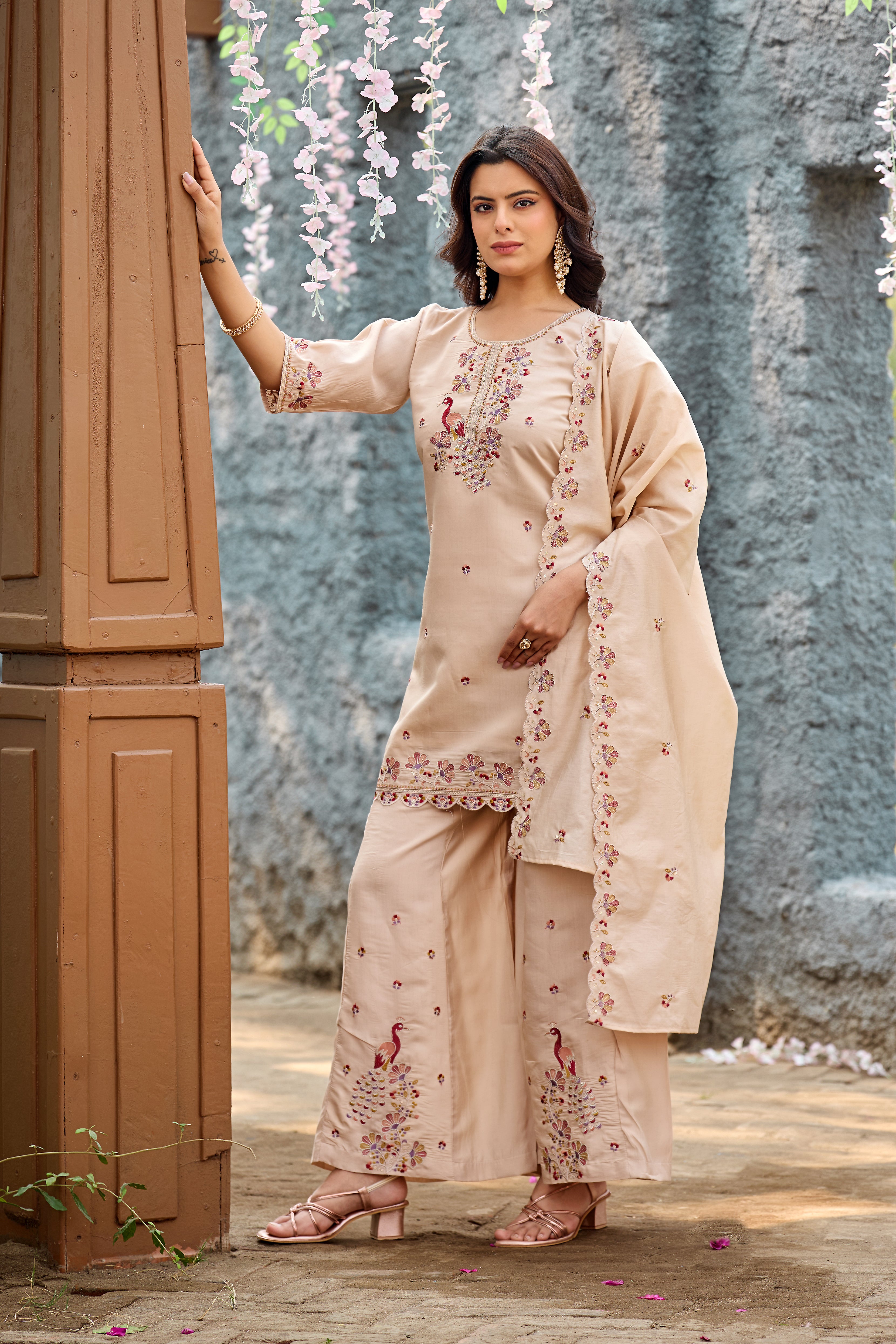 Mayura | Roman Silk Peacock Embroidered Kurta Palazzo Set with Dupatta Cream
