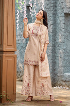 Mayura | Roman Silk Peacock Embroidered Kurta Palazzo Set with Dupatta Cream