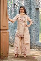 Mayura | Roman Silk Peacock Embroidered Kurta Palazzo Set with Dupatta Cream