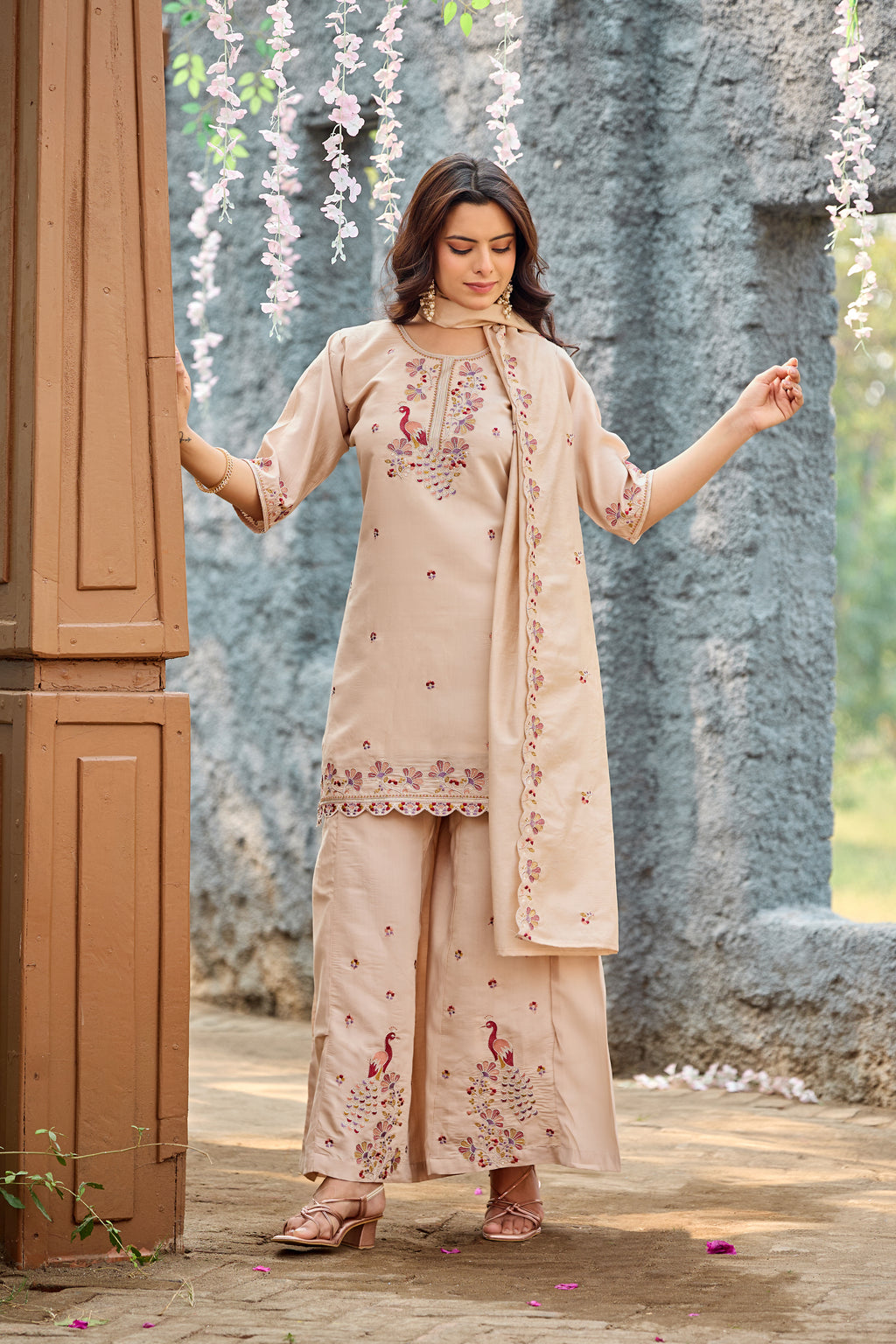 Mayura | Roman Silk Peacock Embroidered Kurta Palazzo Set with Dupatta Cream