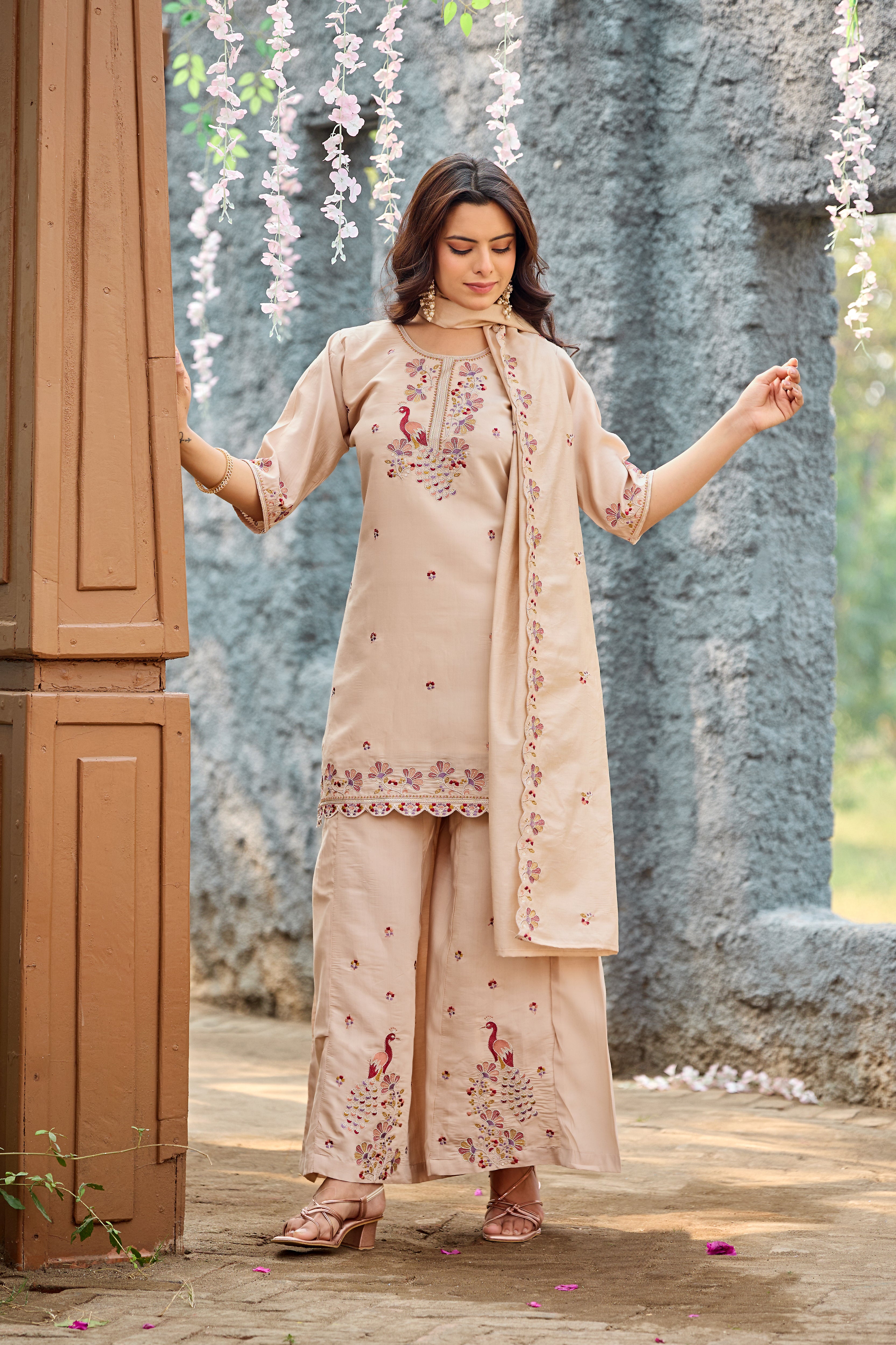 Mayura | Roman Silk Peacock Embroidered Kurta Palazzo Set with Dupatta Cream