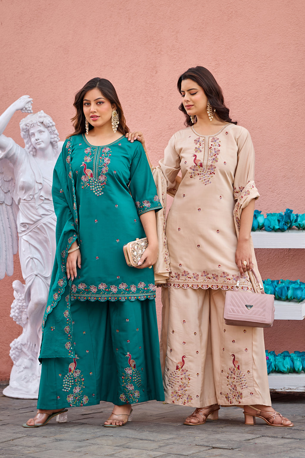 Mayura | Roman Silk Peacock Embroidered Kurta Palazzo Set with Dupatta Cream