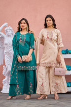 Mayura | Roman Silk Peacock Embroidered Kurta Palazzo Set with Dupatta Teal Green