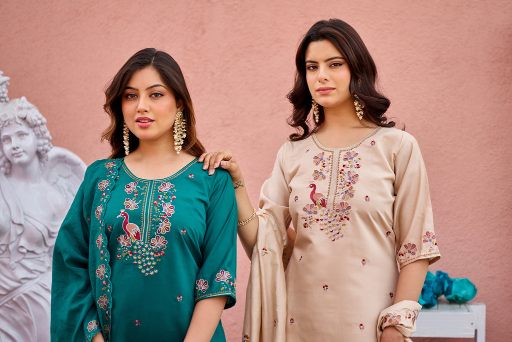 Mayura | Roman Silk Peacock Embroidered Kurta Palazzo Set with Dupatta Teal Green