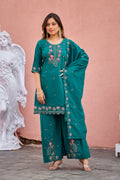 Mayura | Roman Silk Peacock Embroidered Kurta Palazzo Set with Dupatta Teal Green