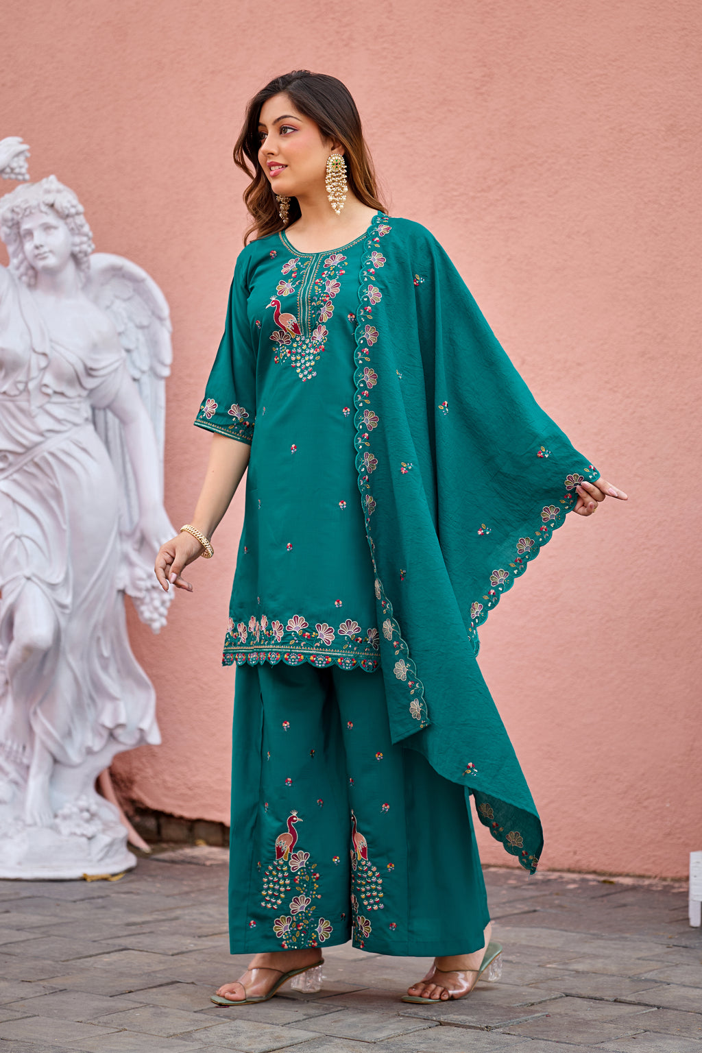 Mayura | Roman Silk Peacock Embroidered Kurta Palazzo Set with Dupatta Teal Green
