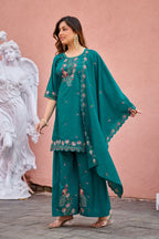 Mayura | Roman Silk Peacock Embroidered Kurta Palazzo Set with Dupatta Teal Green