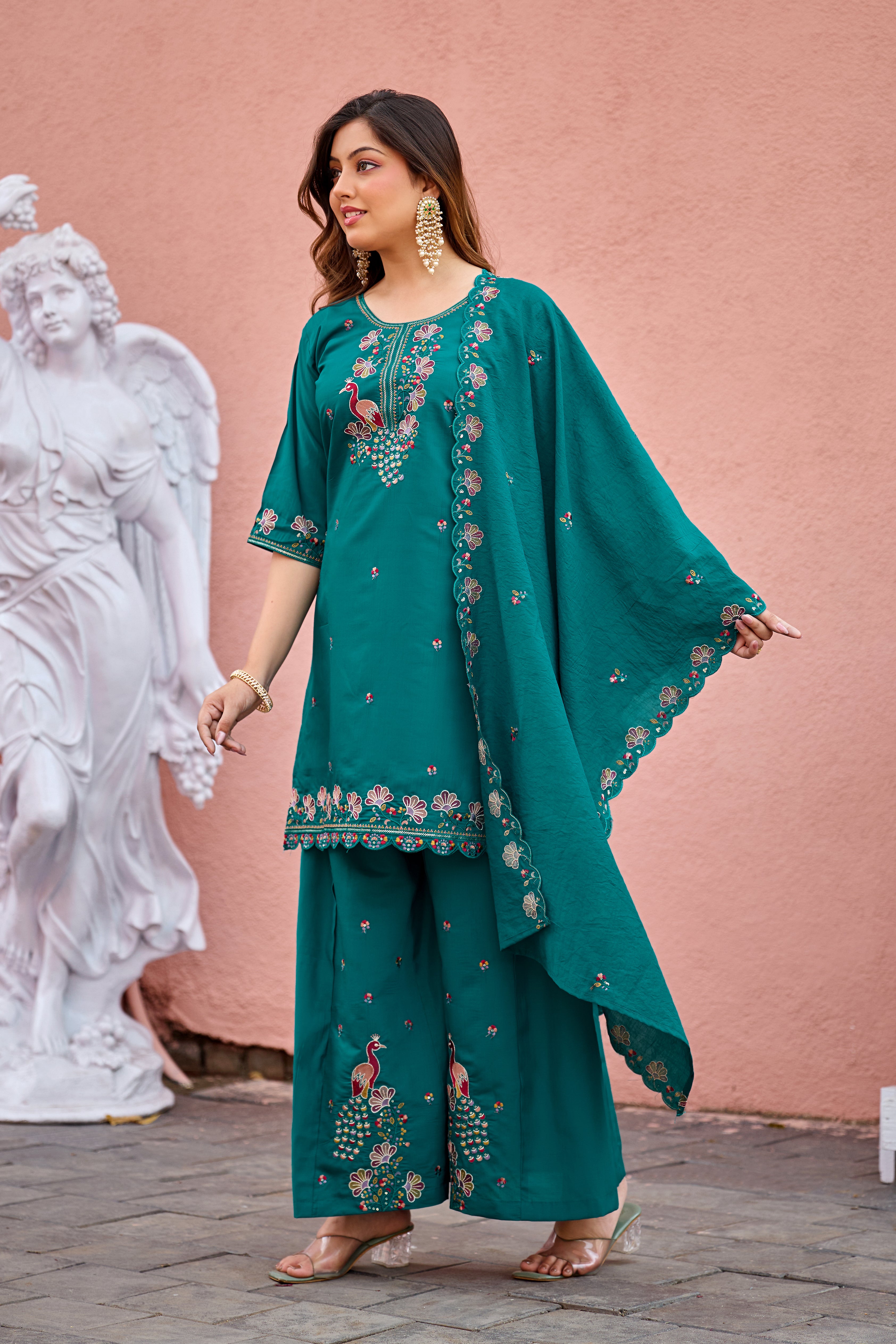 Mayura | Roman Silk Peacock Embroidered Kurta Palazzo Set with Dupatta Teal Green