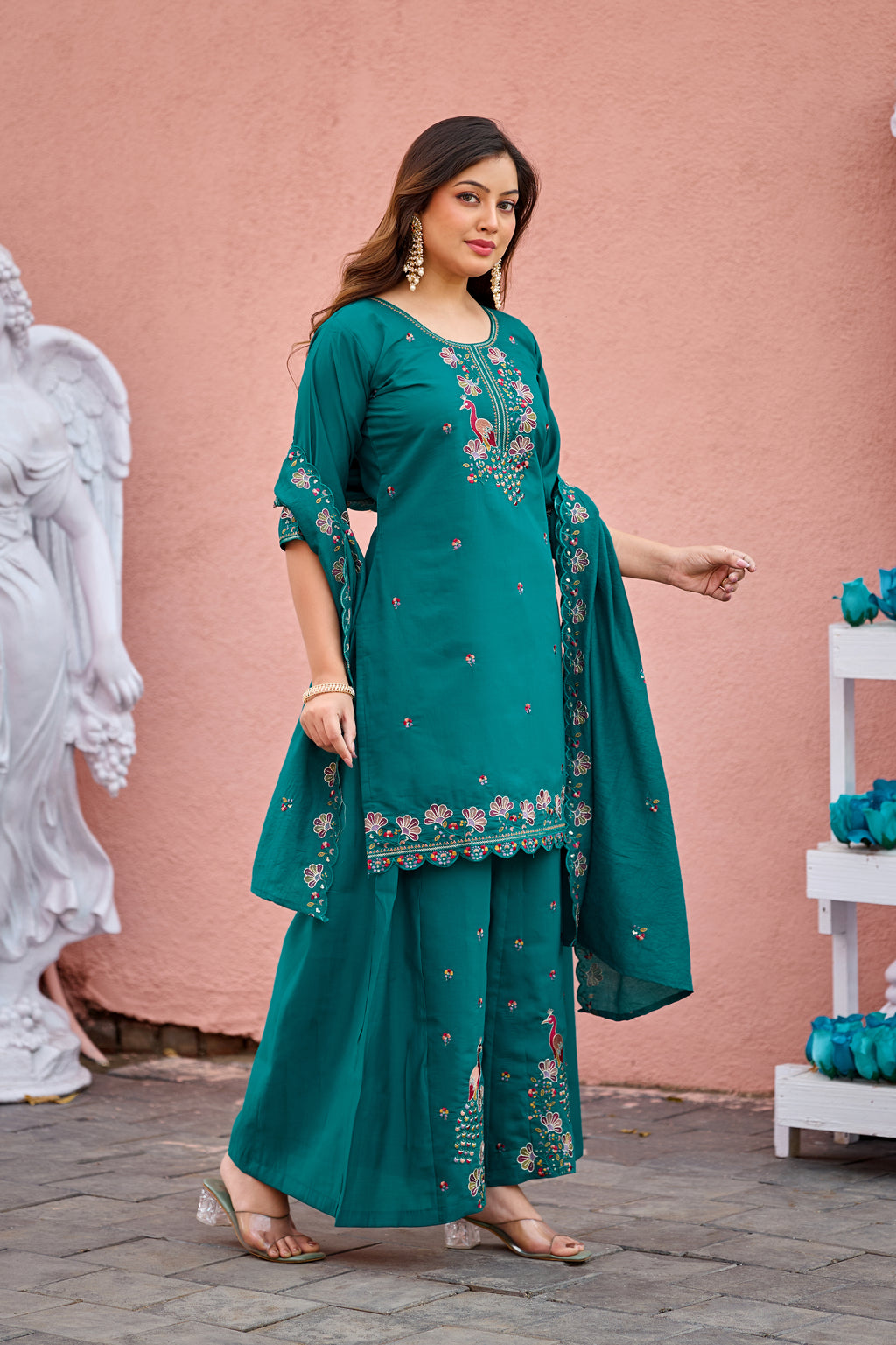 Mayura | Roman Silk Peacock Embroidered Kurta Palazzo Set with Dupatta Teal Green