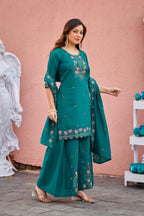 Mayura | Roman Silk Peacock Embroidered Kurta Palazzo Set with Dupatta Teal Green