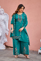 Mayura | Roman Silk Peacock Embroidered Kurta Palazzo Set with Dupatta Teal Green