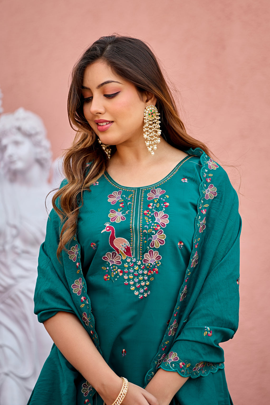 Mayura | Roman Silk Peacock Embroidered Kurta Palazzo Set with Dupatta Teal Green