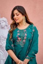Mayura | Roman Silk Peacock Embroidered Kurta Palazzo Set with Dupatta Teal Green