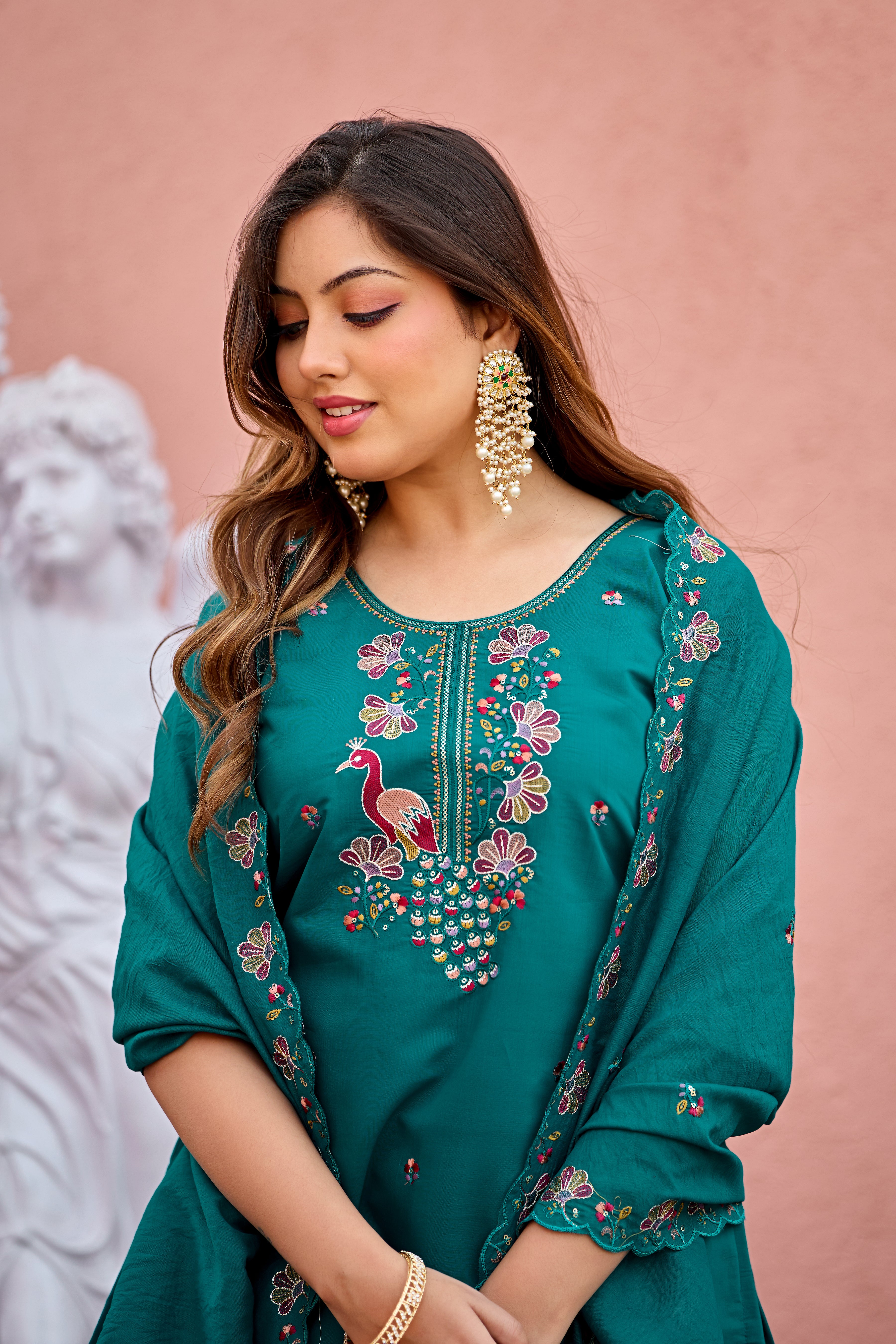 Mayura | Roman Silk Peacock Embroidered Kurta Palazzo Set with Dupatta Teal Green