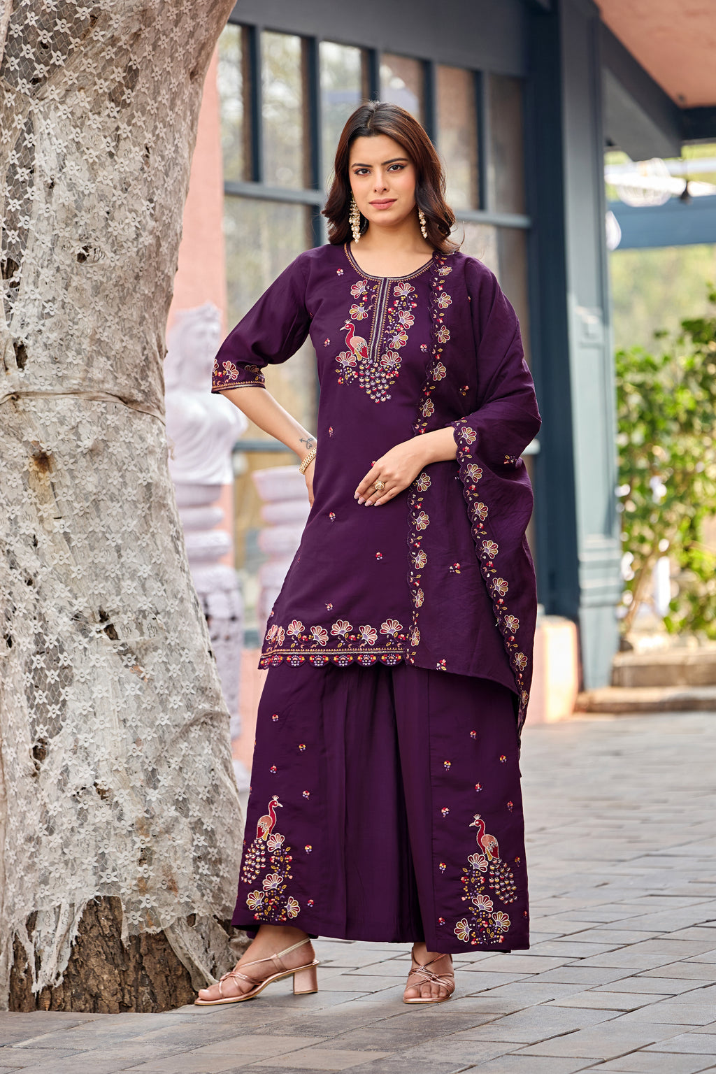 Mayura | Roman Silk Peacock Embroidered Kurta Palazzo Set with Dupatta Purple