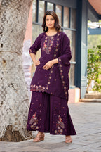 Mayura | Roman Silk Peacock Embroidered Kurta Palazzo Set with Dupatta Purple