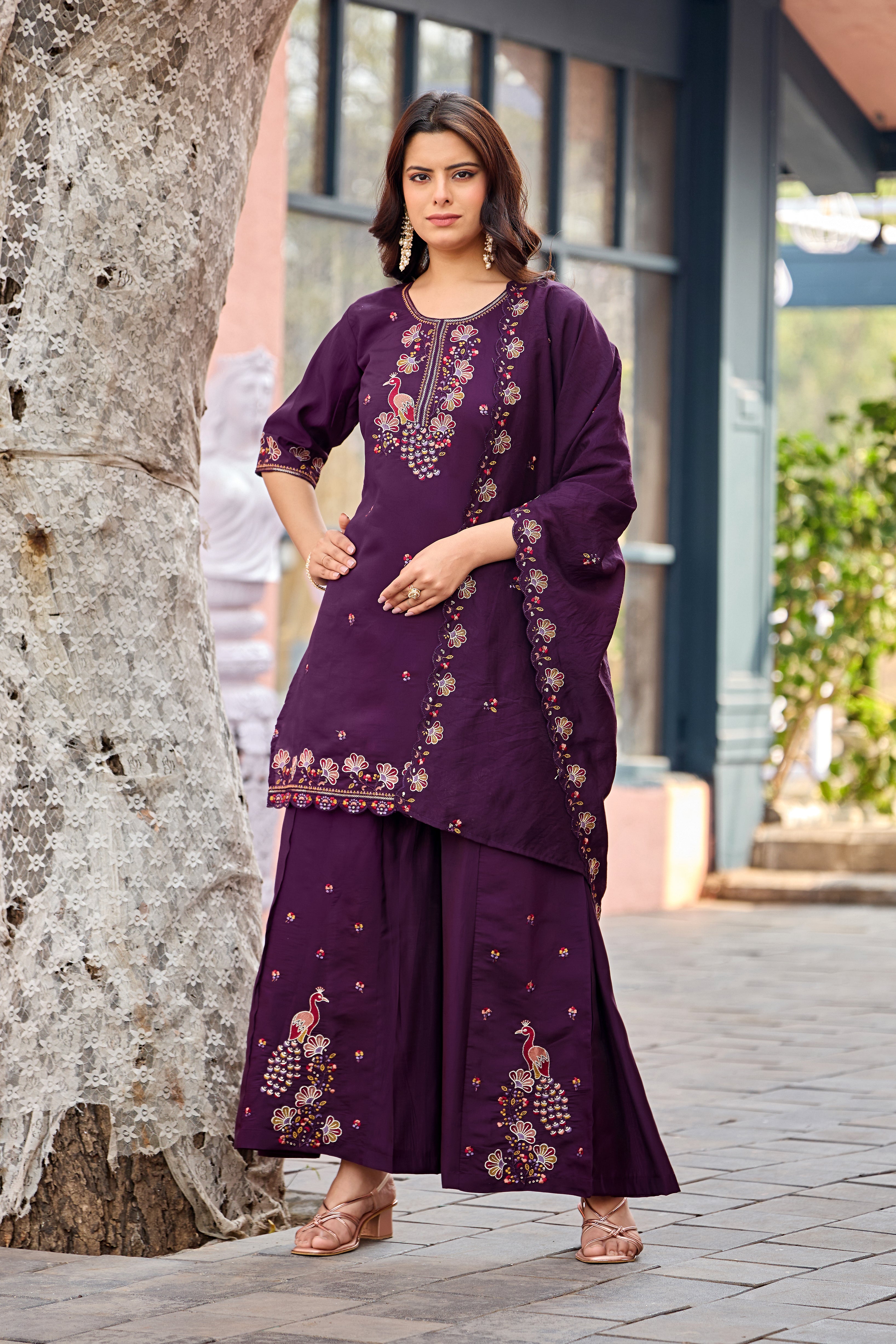 Mayura | Roman Silk Peacock Embroidered Kurta Palazzo Set with Dupatta Purple