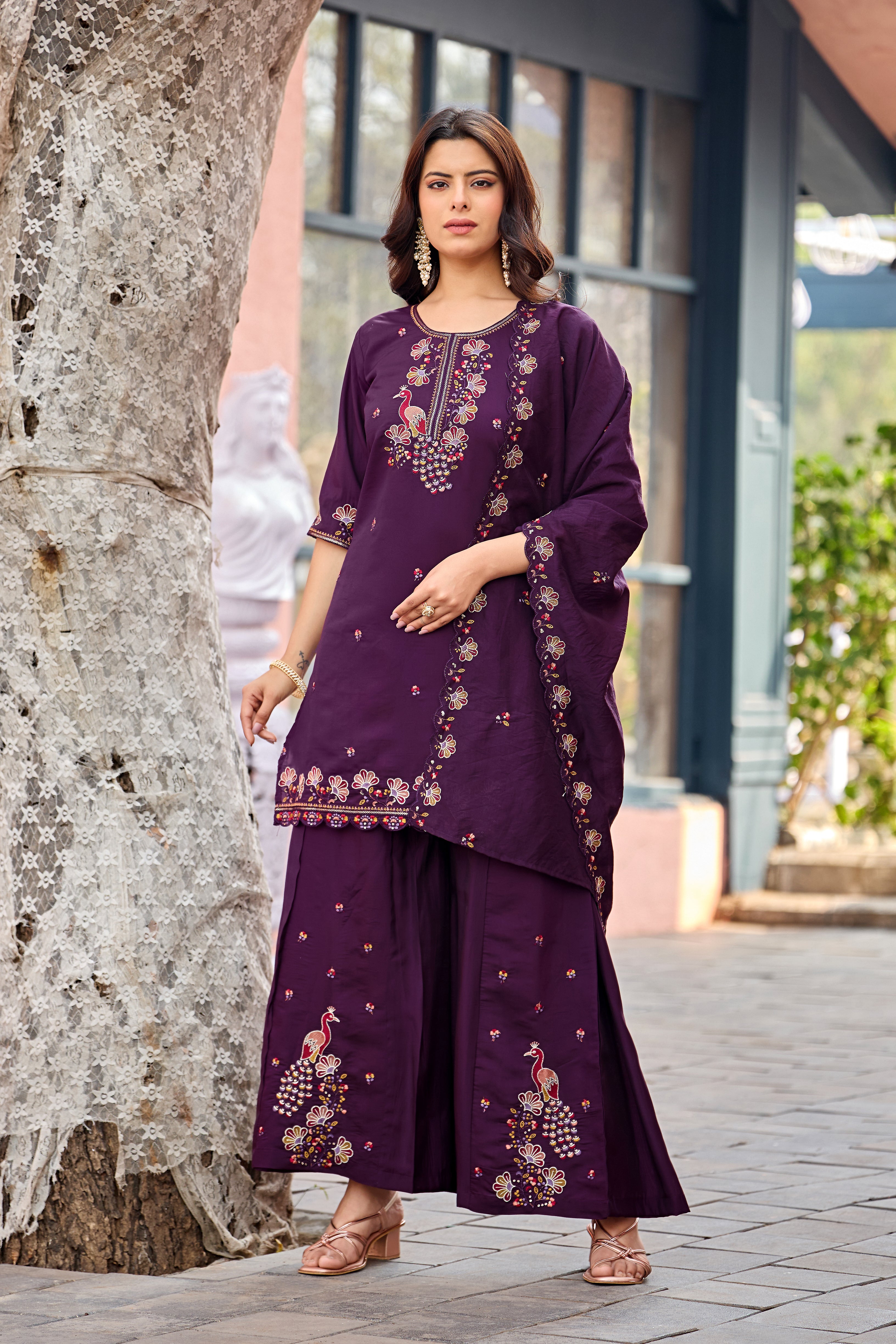 Mayura | Roman Silk Peacock Embroidered Kurta Palazzo Set with Dupatta Purple