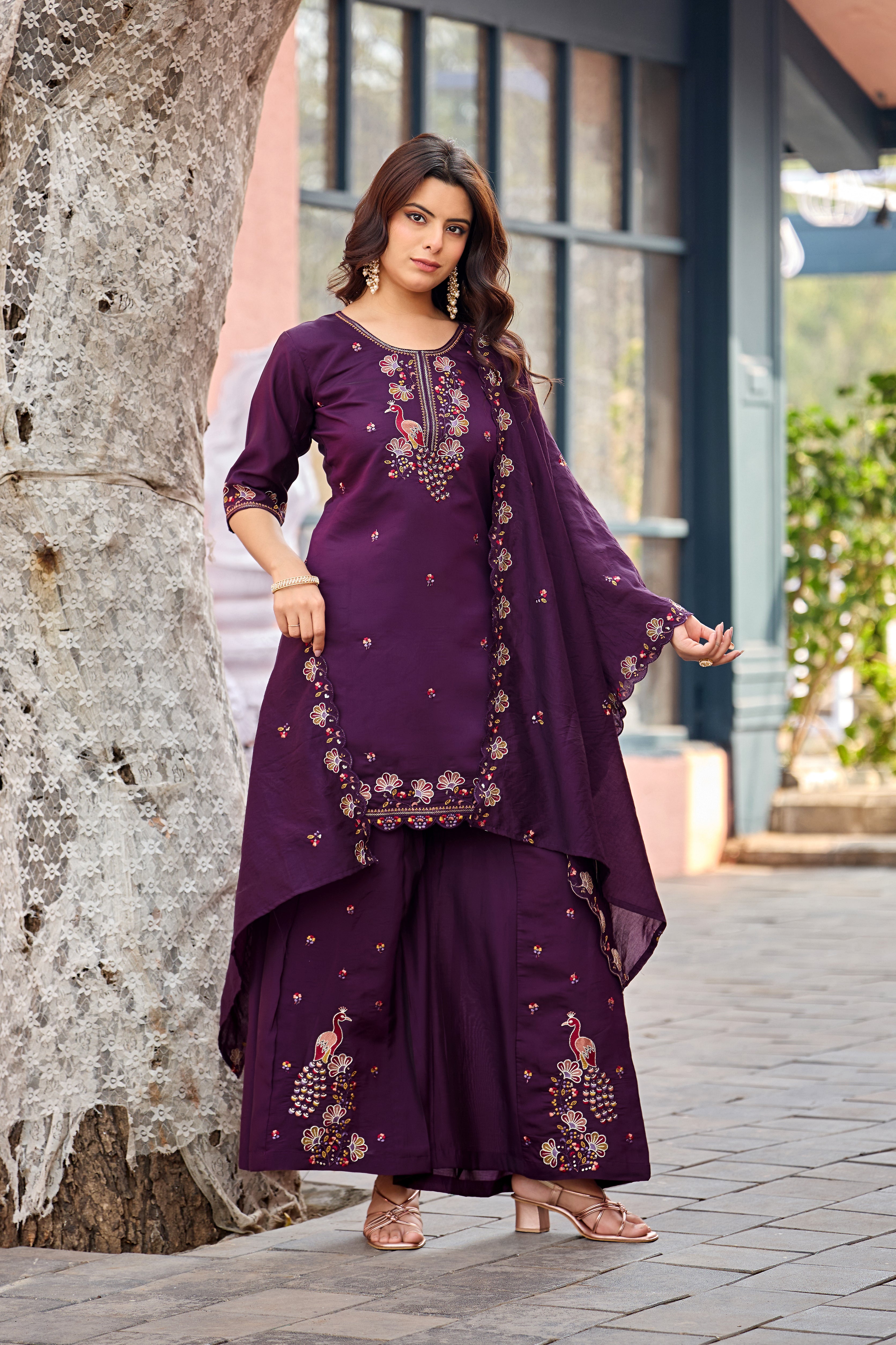 Mayura | Roman Silk Peacock Embroidered Kurta Palazzo Set with Dupatta Purple