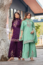 Mayura | Roman Silk Peacock Embroidered Kurta Palazzo Set with Dupatta