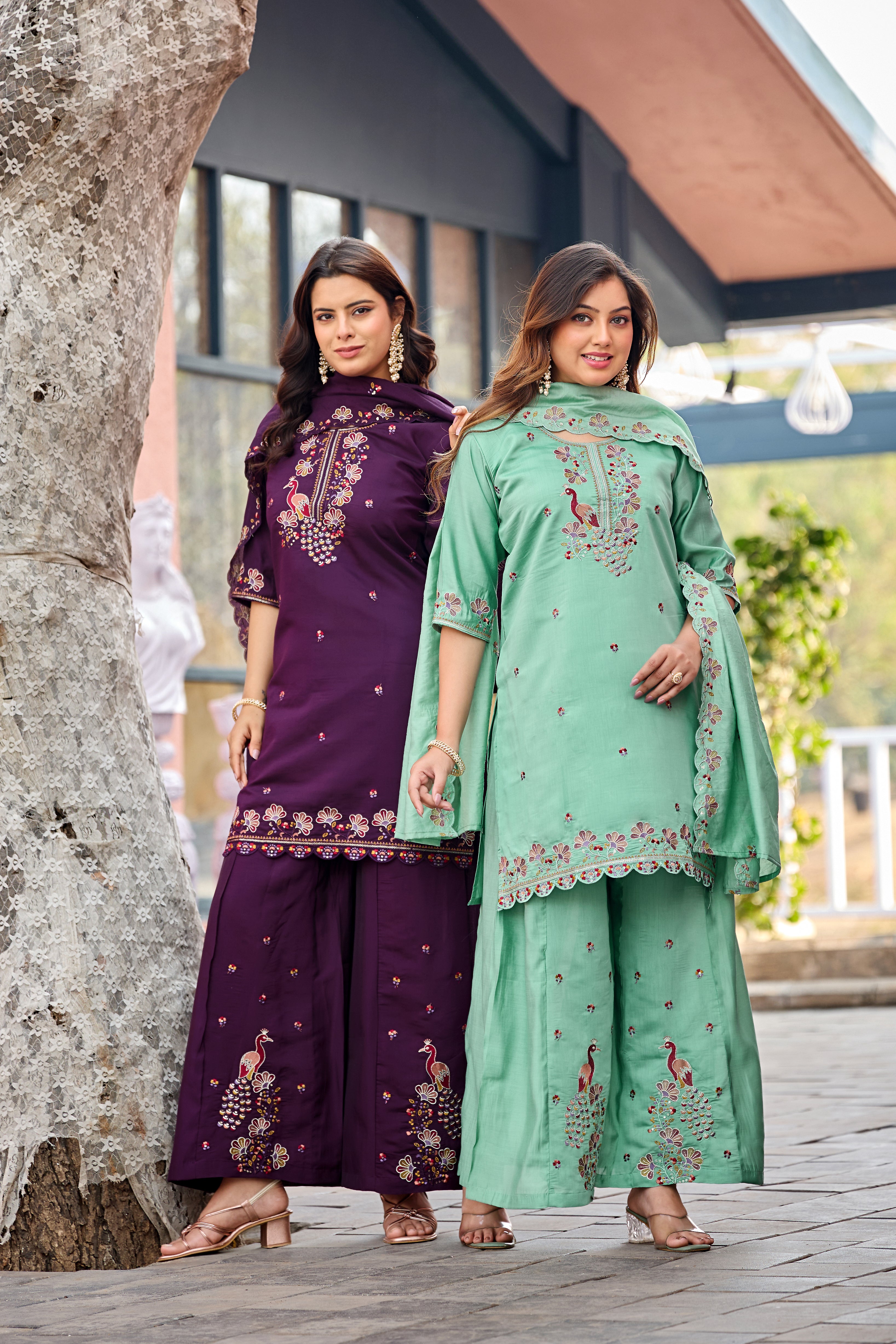Mayura | Roman Silk Peacock Embroidered Kurta Palazzo Set with Dupatta
