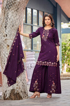 Mayura | Roman Silk Peacock Embroidered Kurta Palazzo Set with Dupatta Purple