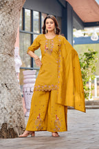 Mayura | Roman Silk Peacock Embroidered Kurta Palazzo Set with Dupatta Mustard Yellow