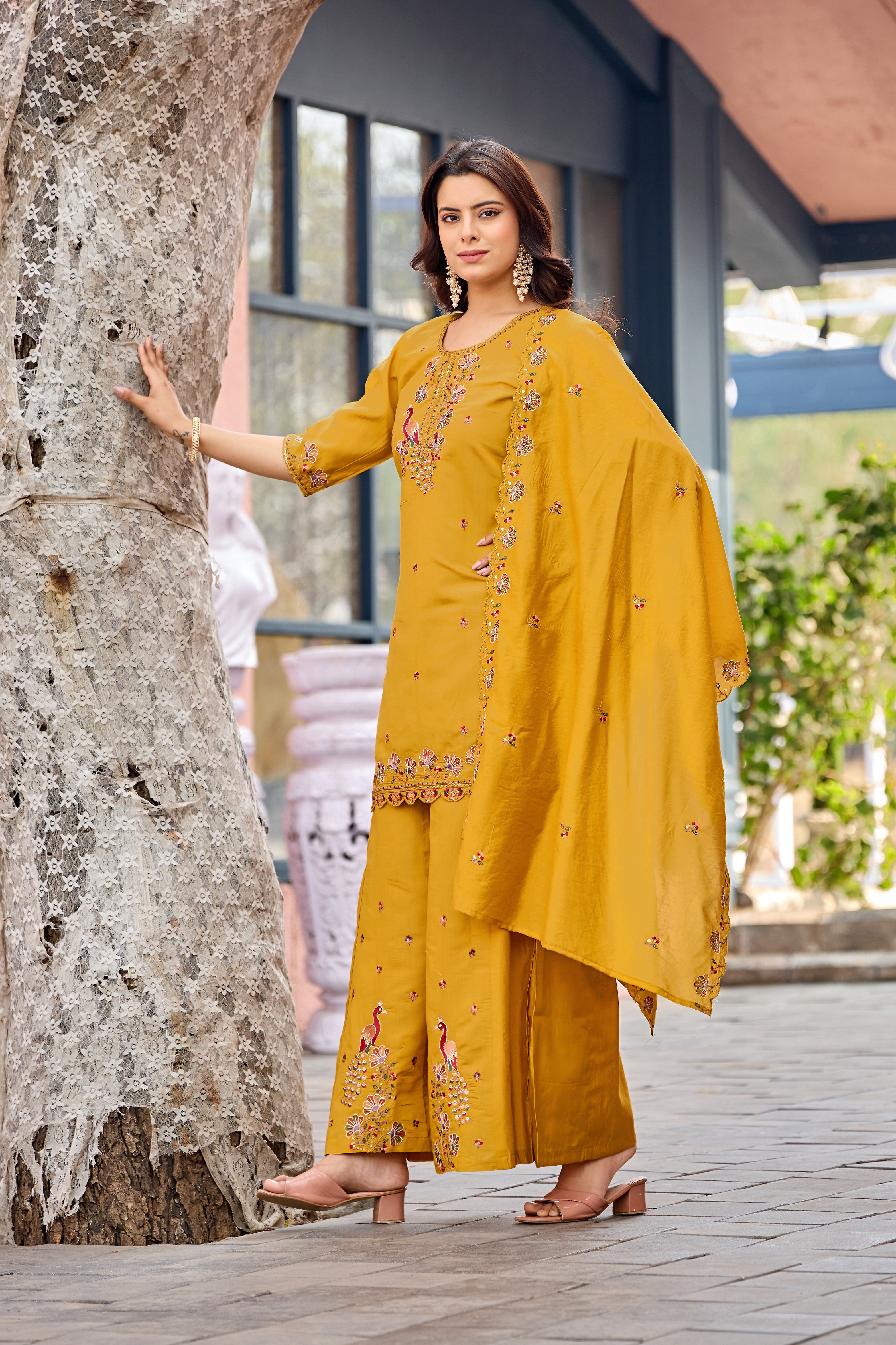 Mayura | Roman Silk Peacock Embroidered Kurta Palazzo Set with Dupatta Mustard Yellow