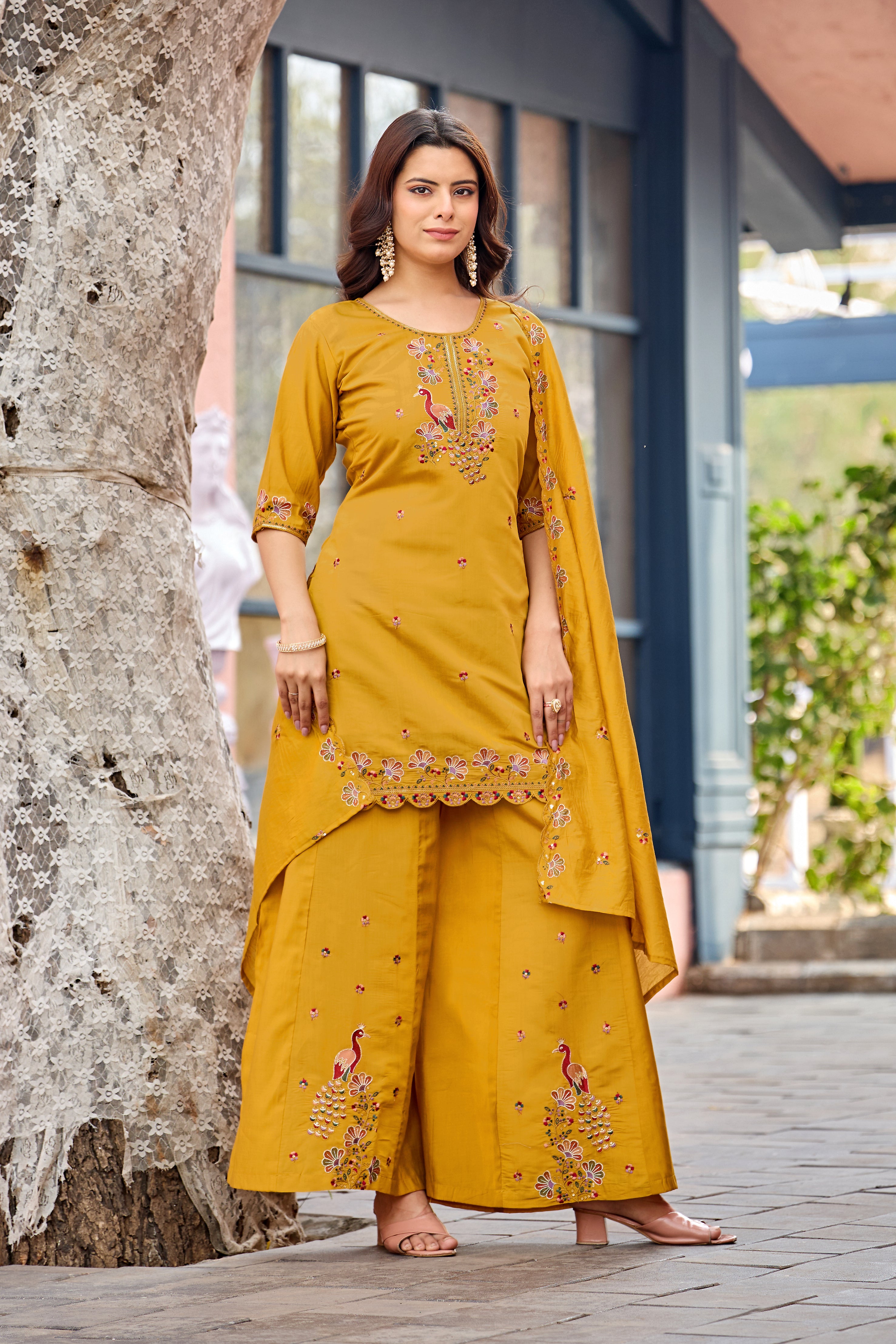 Mayura | Roman Silk Peacock Embroidered Kurta Palazzo Set with Dupatta Mustard Yellow