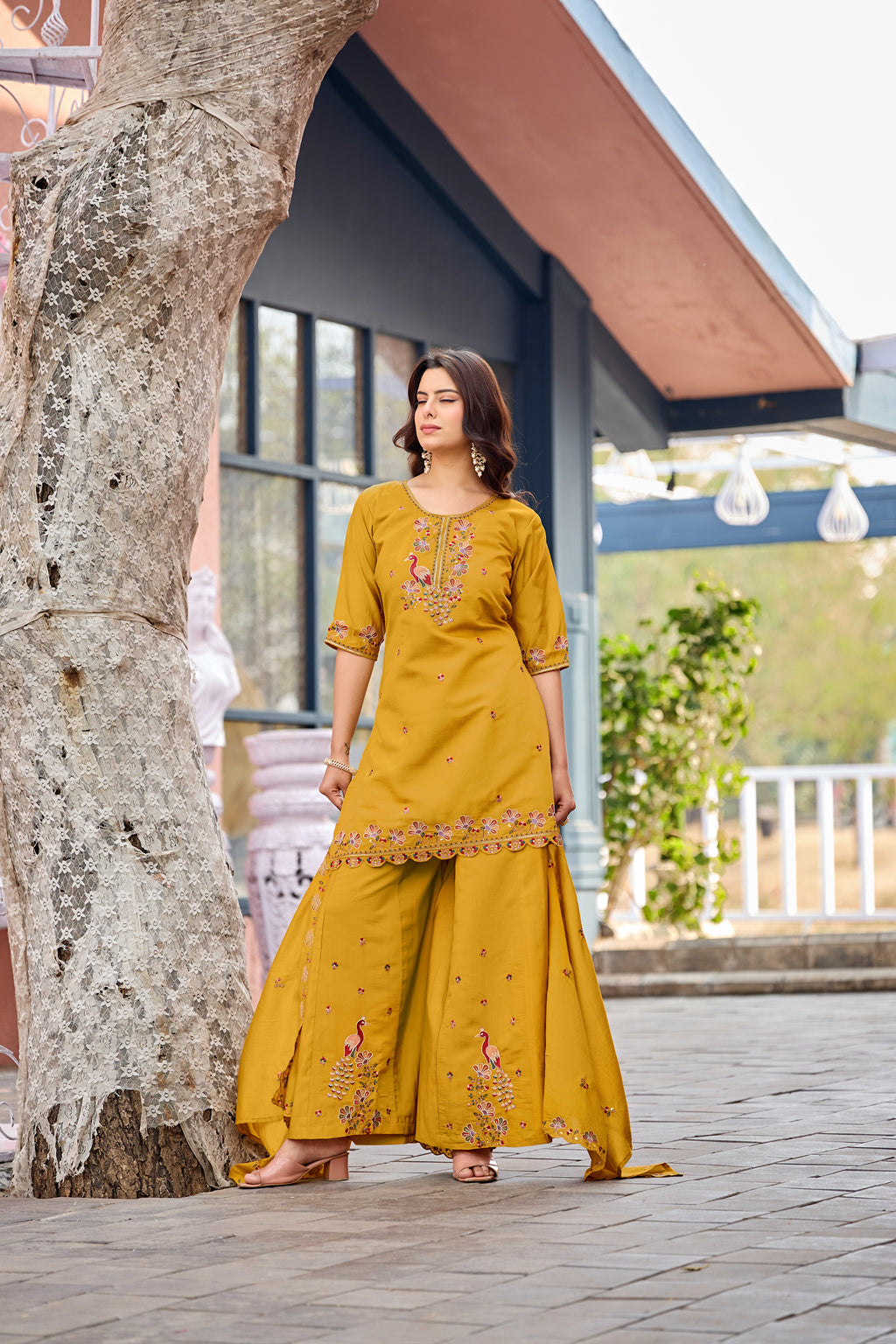 Mayura | Roman Silk Peacock Embroidered Kurta Palazzo Set with Dupatta Mustard Yellow