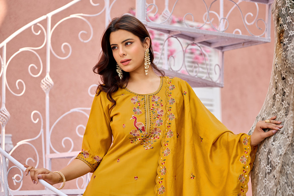 Mayura | Roman Silk Peacock Embroidered Kurta Palazzo Set with Dupatta Mustard Yellow