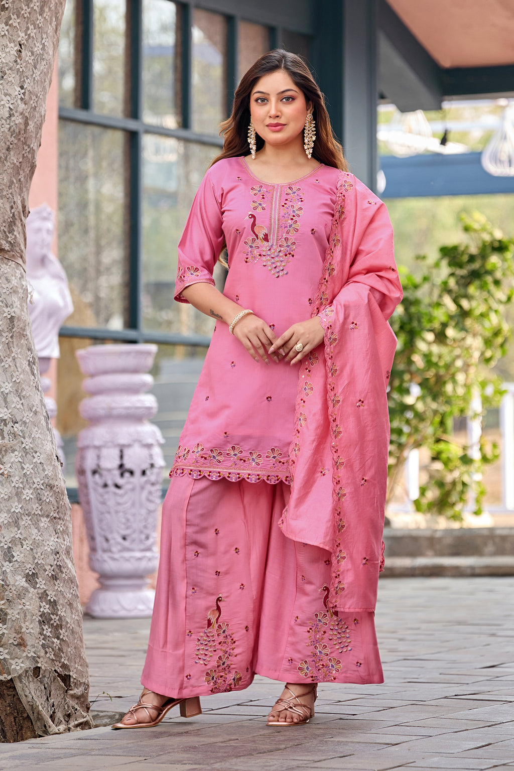 Mayura | Roman Silk Peacock Embroidered Kurta Palazzo Set with Dupatta Pink