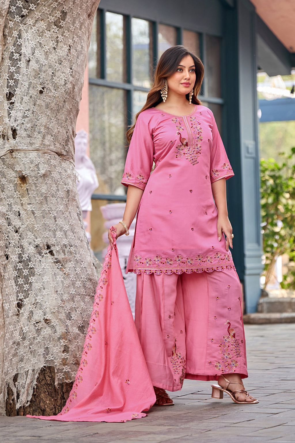 Mayura | Roman Silk Peacock Embroidered Kurta Palazzo Set with Dupatta Pink