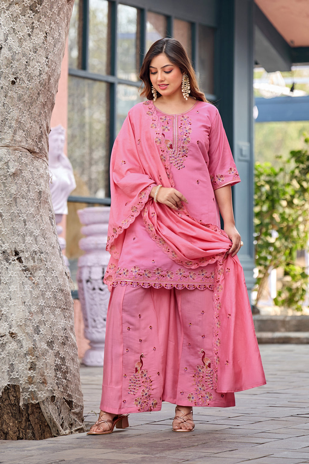 Mayura | Roman Silk Peacock Embroidered Kurta Palazzo Set with Dupatta Pink