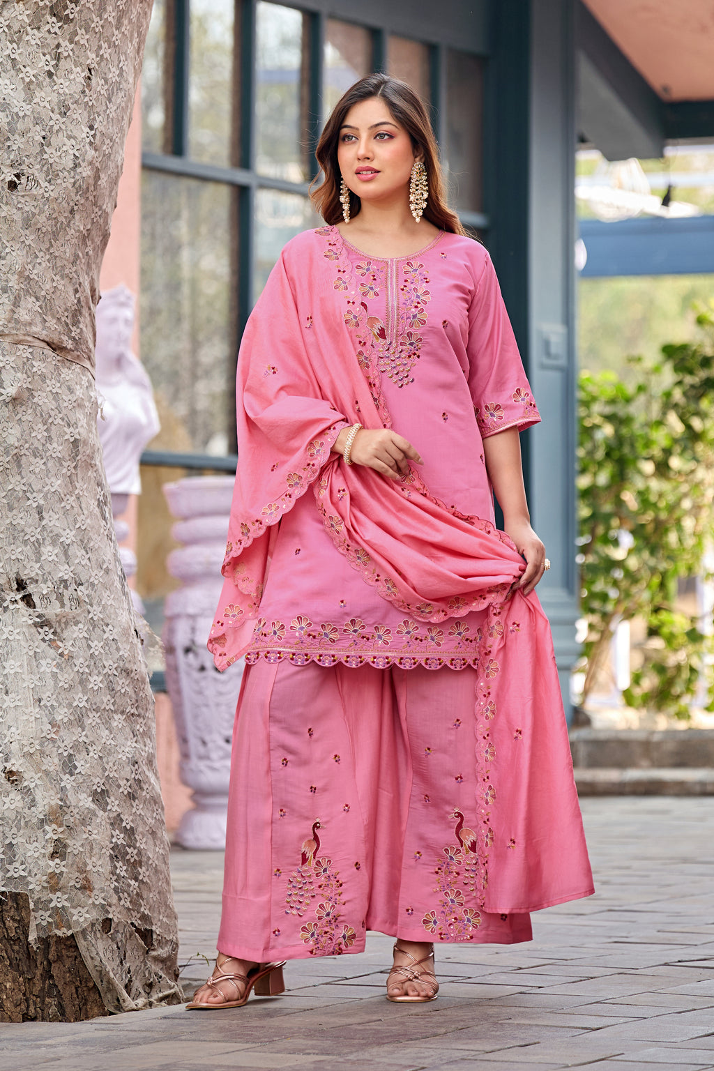 Mayura | Roman Silk Peacock Embroidered Kurta Palazzo Set with Dupatta Pink