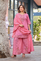 Mayura | Roman Silk Peacock Embroidered Kurta Palazzo Set with Dupatta Pink