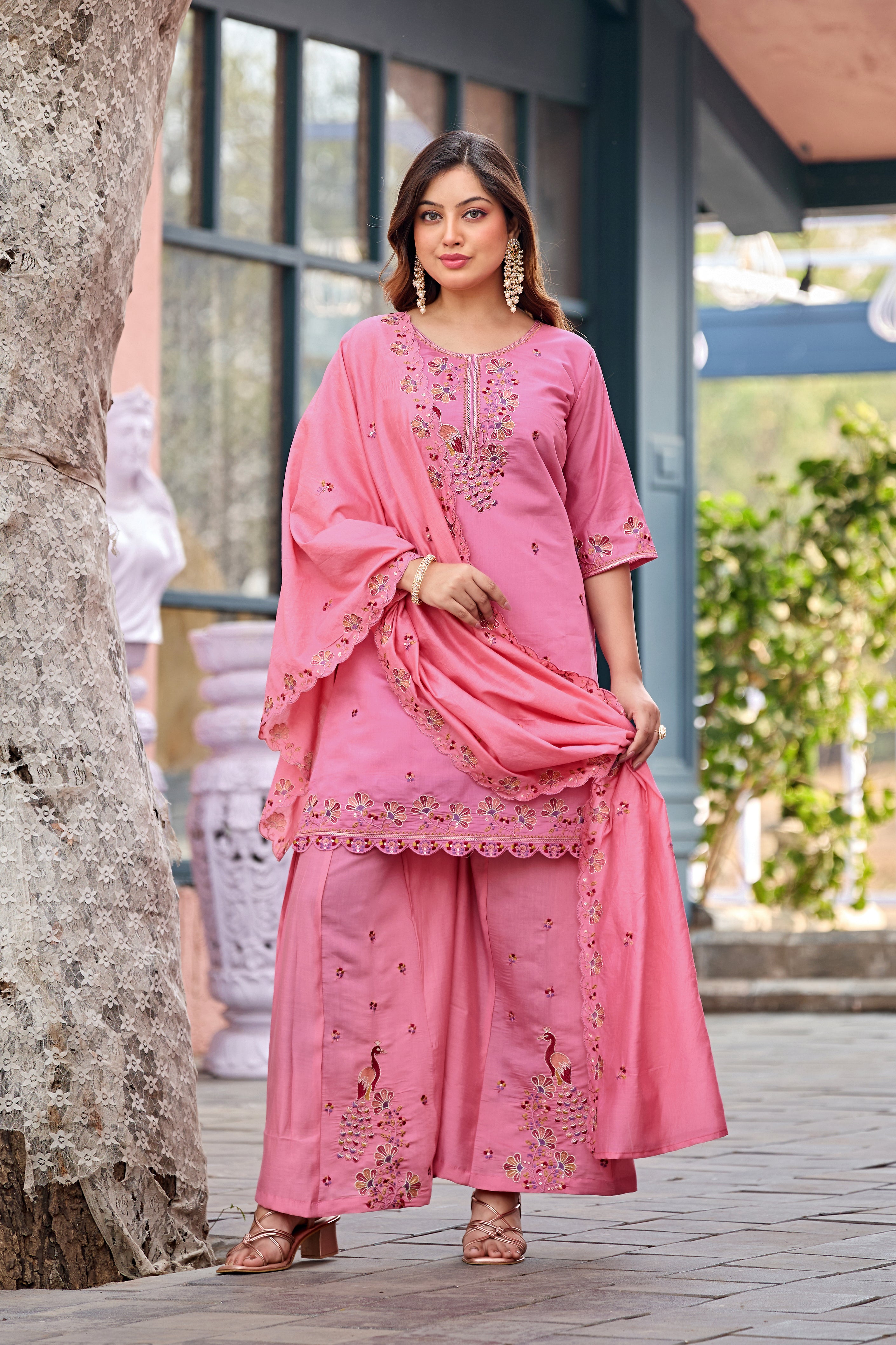Mayura | Roman Silk Peacock Embroidered Kurta Palazzo Set with Dupatta Pink
