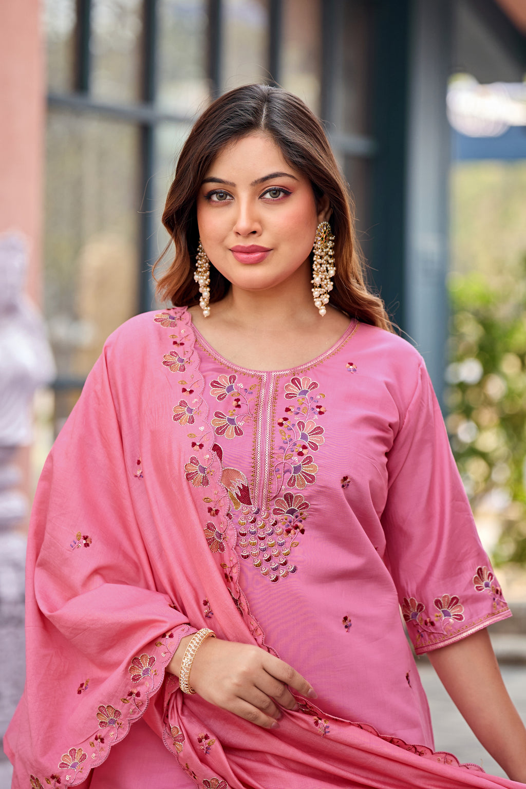 Mayura | Roman Silk Peacock Embroidered Kurta Palazzo Set with Dupatta Pink