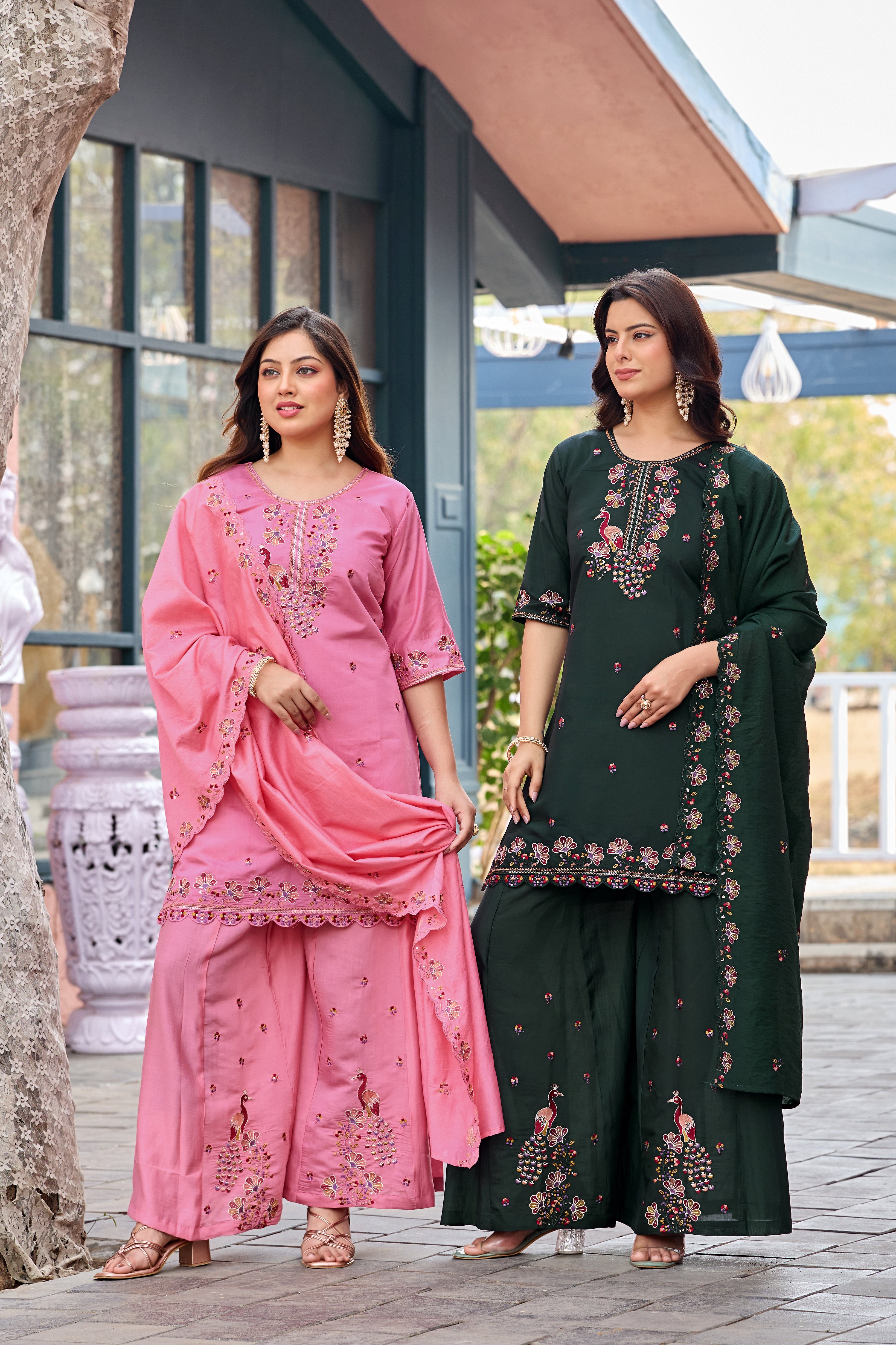 Mayura | Roman Silk Peacock Embroidered Kurta Palazzo Set with Dupatta Pink