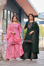 Mayura | Roman Silk Peacock Embroidered Kurta Palazzo Set with Dupatta Dark Green
