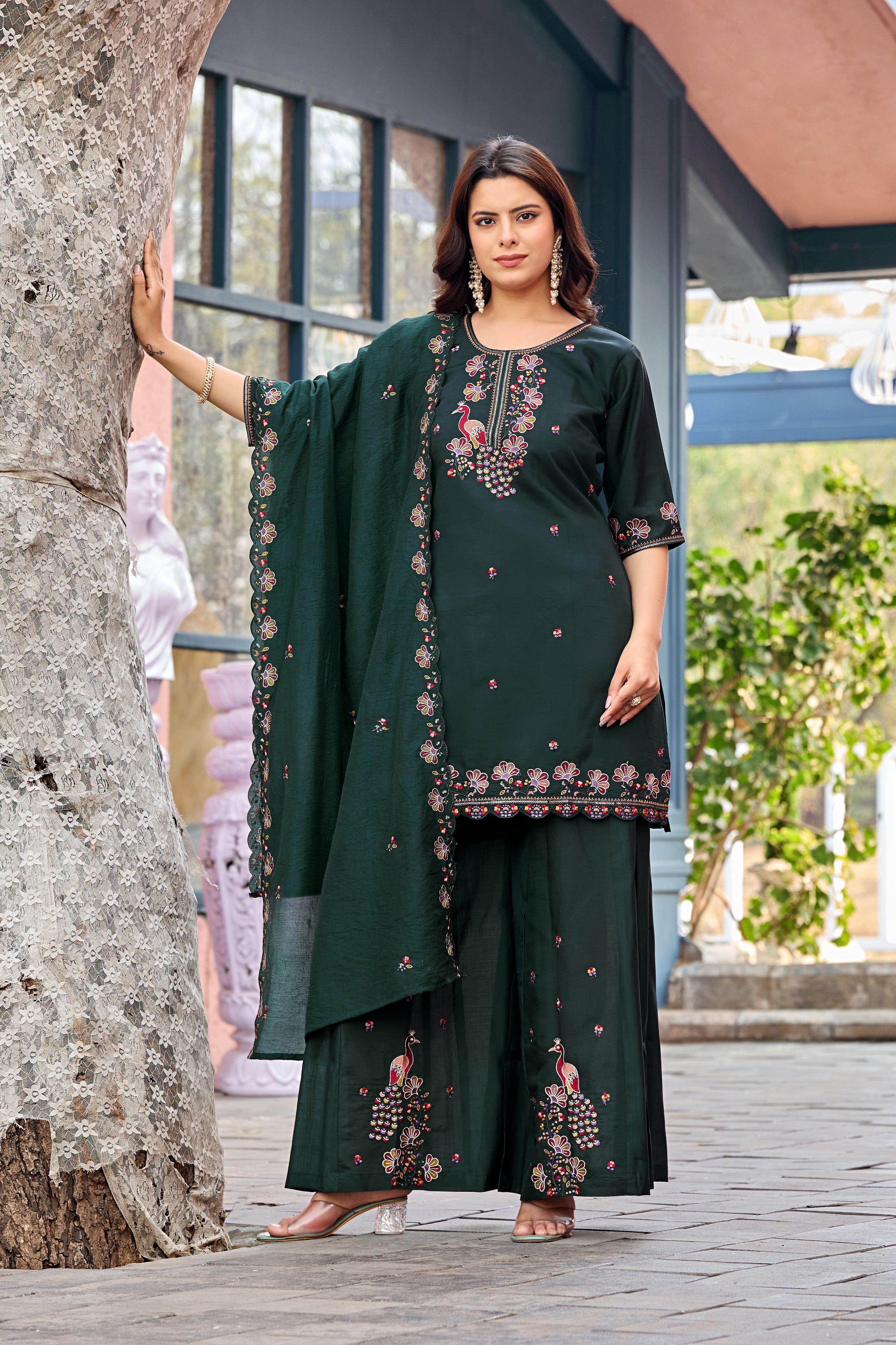 Mayura | Roman Silk Peacock Embroidered Kurta Palazzo Set with Dupatta Dark Green