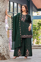 Mayura | Roman Silk Peacock Embroidered Kurta Palazzo Set with Dupatta Dark Green