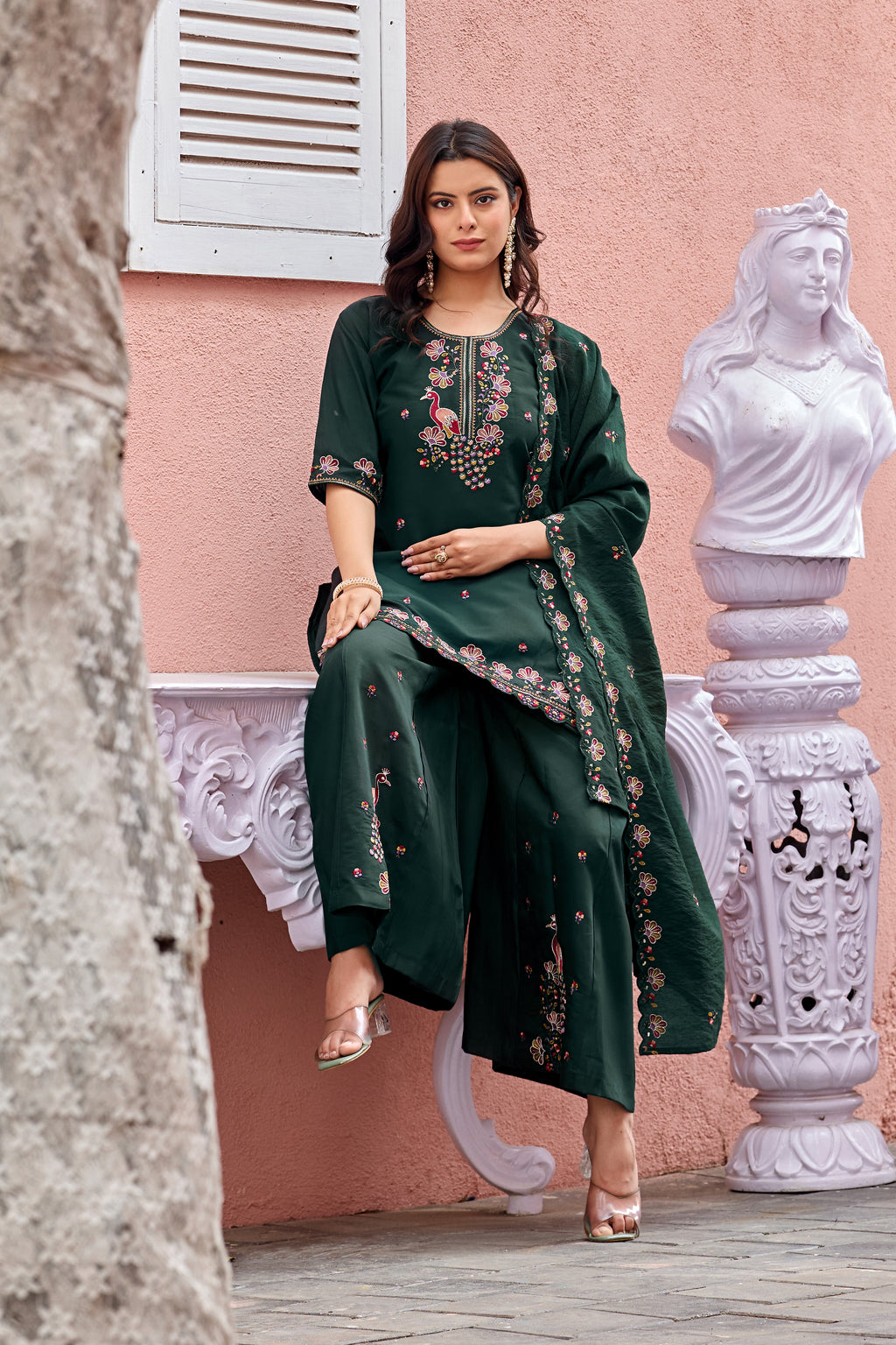 Mayura | Roman Silk Peacock Embroidered Kurta Palazzo Set with Dupatta Dark Green