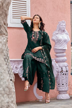 Mayura | Roman Silk Peacock Embroidered Kurta Palazzo Set with Dupatta Dark Green