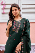 Mayura | Roman Silk Peacock Embroidered Kurta Palazzo Set with Dupatta Dark Green