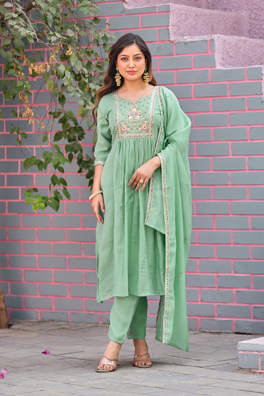 Green Mal Chanderi Embroidered 3-Piece Kurta Set with Dupatta